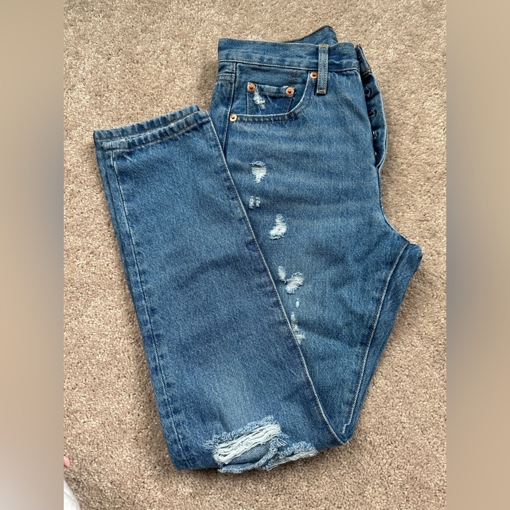 Levi's Distressed Blue Straight Leg Jeans - Picture 3 of 5